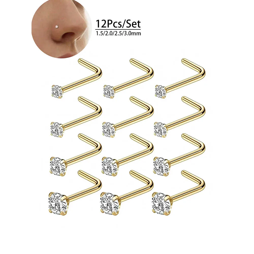 12-Piece Full Set 316L Hypoallergenic L-Shape Nose Studs Multi-Size CZ Diamond Nose Rings 1.5 to 3mm Piercing Posts Women's view 3