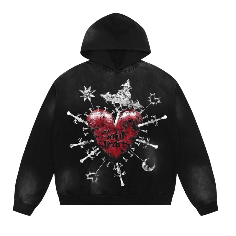 Saint Hoodies Wash Do Old Vintage Red Heart Printed Fleece Hoody for Men Women Sweatshirts Harajuku