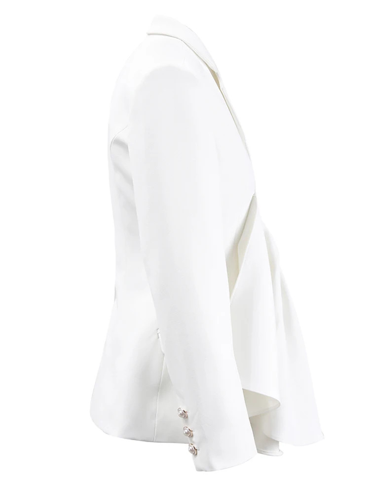 [EAM] Women White Irregular Pleated Elegant Blazer New Lapel Long Sleeve Jacket Fashion Tide Spring Autumn 2024 CPDB052