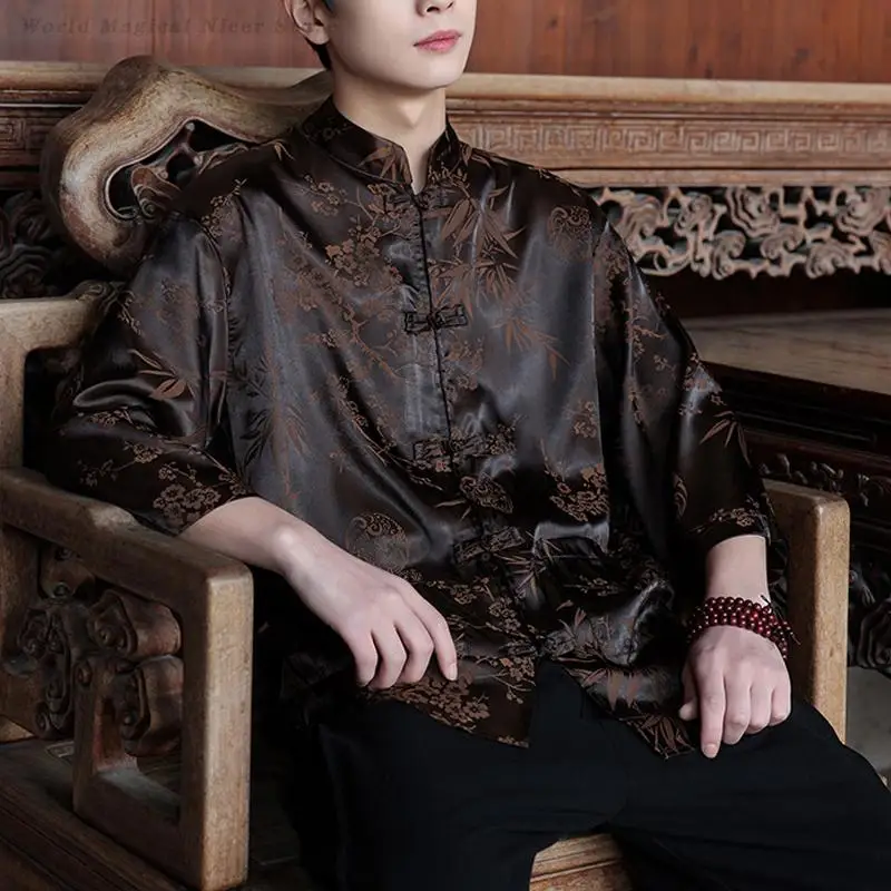 New Chinese Style Tang Suit Top Shirt Plus Size Retro Jacquard Blouse Vintage Button Up Hanfu Summer Loose Satin Coat Streetwear