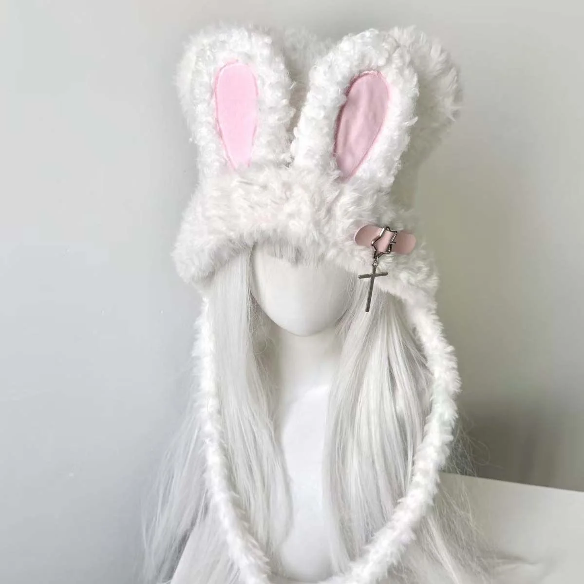 Mulheres harajuku gótico lolita pelúcia coelho orelha gorro chapéu japonês y2k menina fivela cruz urso orelha boné inverno quente chapéu de malha