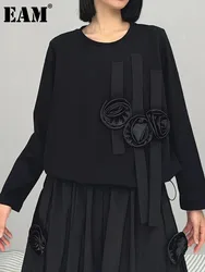 [EAM] Women Black Three-dimensional Flower Big Size Casual T-shirt New Round Neck Long Sleeve Fashion Spring Autumn 2024 1DH5141