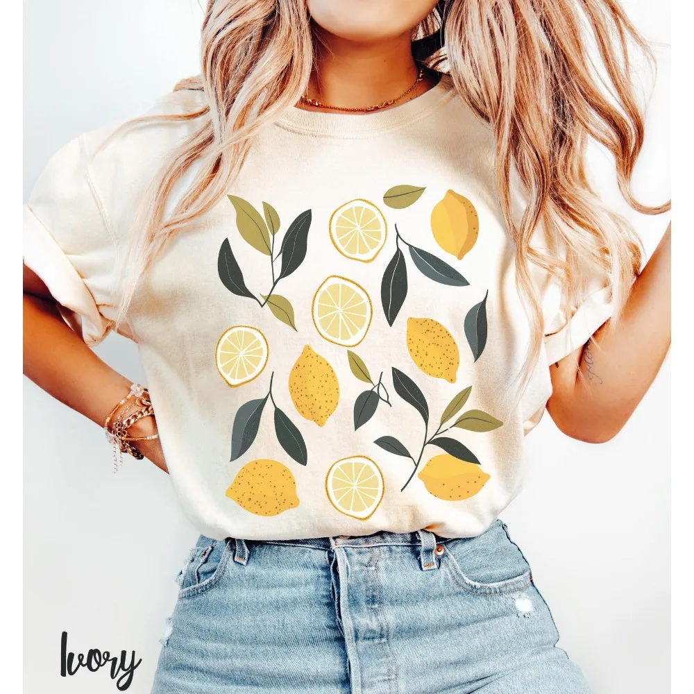 Lemon Print T-shirt Whimsical Citrus Botanical Tees Women Clothing Oversized Tops Camisetas