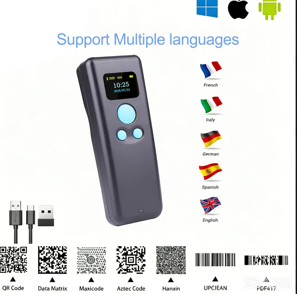 Wireless Bluetooth Barcode Scanner Portable Pocket 2D Reader Large Data Memory USB Rechargeable for Warehouse POS System