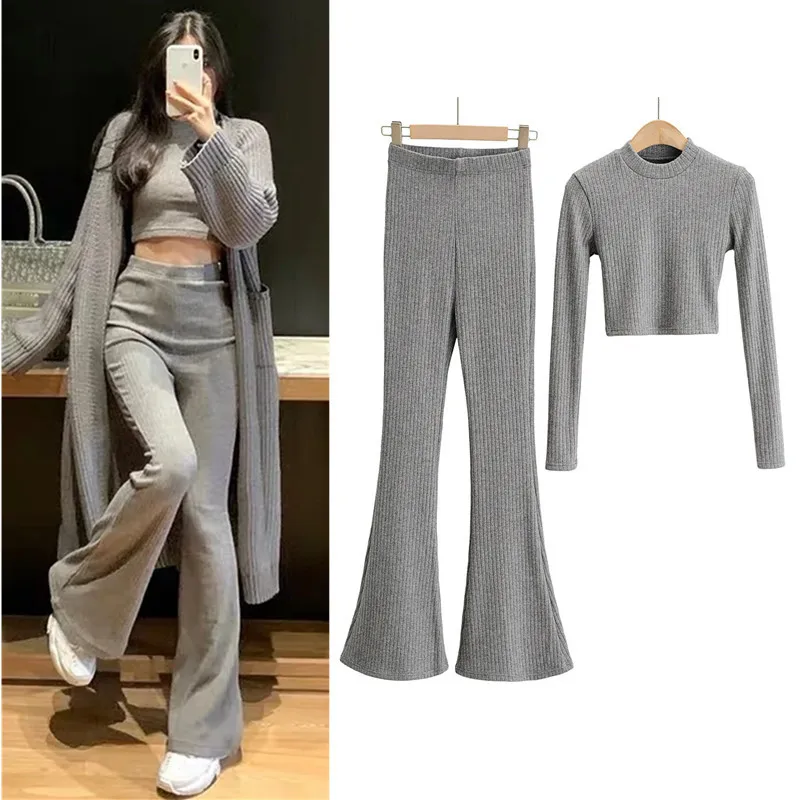 Women Long Sleeve Sexy Crop Top 2Pc Sets Flare Pants Spring Solid O-neck Pullover High Waist Trousers Party Festival Y2K Outfits