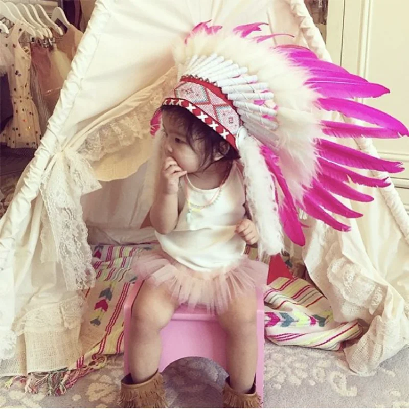 INS Indian Chief Feather Headdress Child Feather Flower Headdress Hat Baby Photography Props Decoration Garland Party Decor