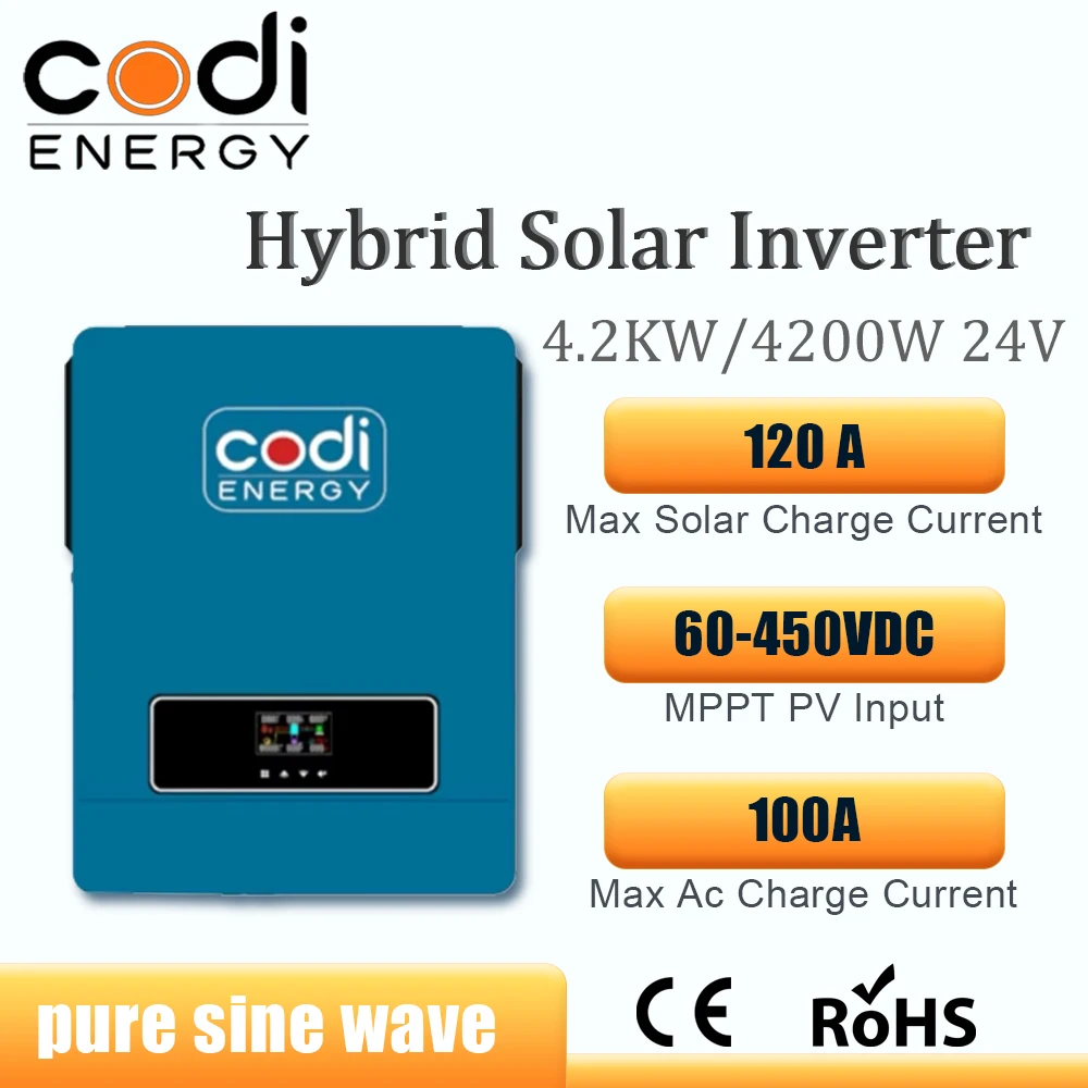 

24 V Hybrid Solar Inverter 4200W 4.2 KW Pure Sine Wave 24 V On Offgrid 500VDC MPPT Inversor Build In 120A Solar Controller