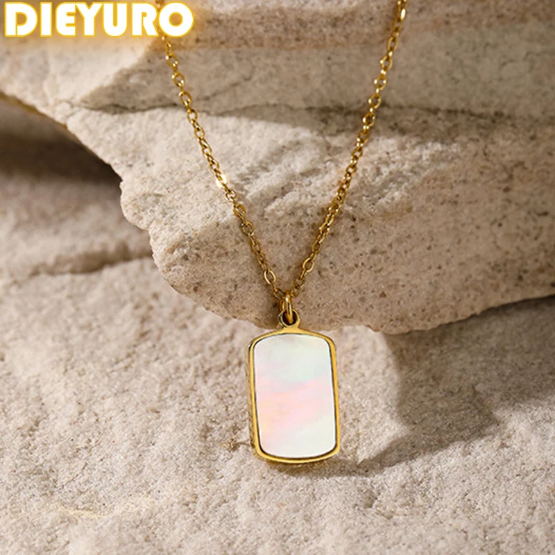 DIEYURO 316L Stainless Steel Geometric Square White Fritillary Necklace For Women New Trend Clavicle Chain Jewelry Party Gift