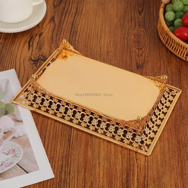  Iron European Rectangular Serving Plate with Base Gold Hollow Out Fruit Tray for Festives Decors and Snacks Serving Dish