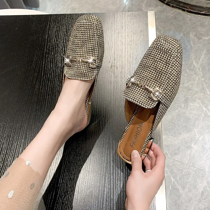 

2026 New Chunky Heels Fashion Women's Slippers Closed Toe Low Heels Shoes Slides Outdoor Sequined Cloth Casual Women Slippers