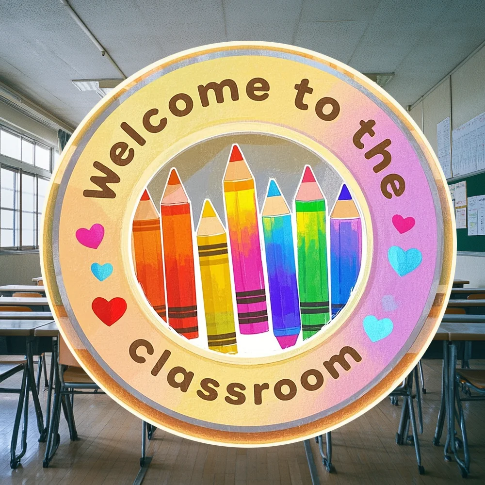 A welcome wooden plaque, welcome to the classroom 