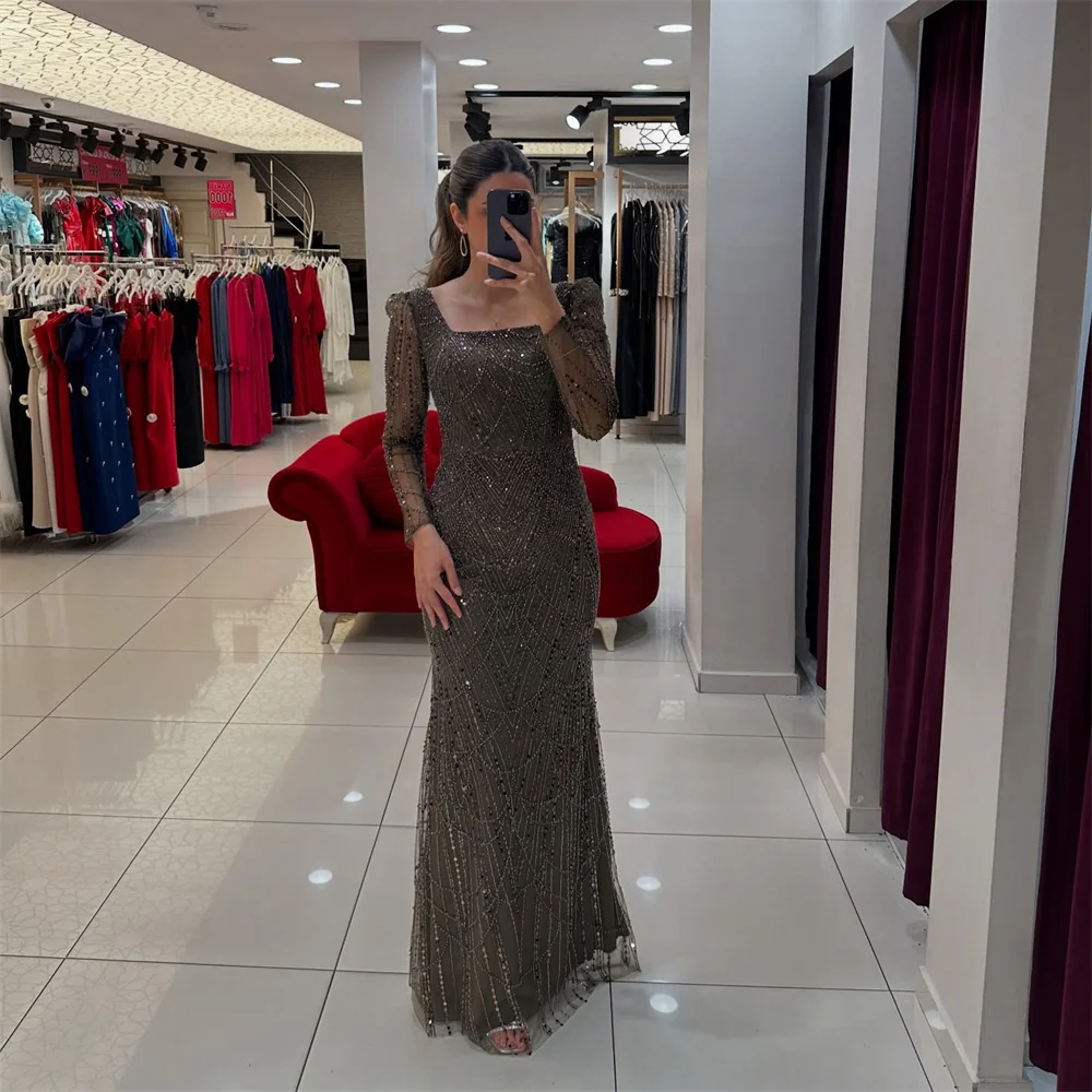 Manmuxi maßgeschneidertes olivfarbenes Meerjungfrau-Abschlussballkleid mit Perlen, Vestidos de Noche, bodenlanger formeller Abend