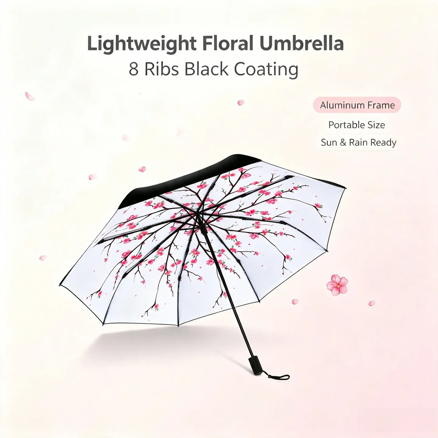 Halloween gift Aluminum Alloy Folding Umbrella UPF50+ UV Protection Romantic Cherry Blossom Print for Women Daily Commute Travel