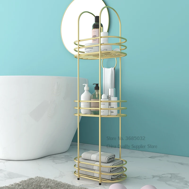 

Nordic multi-layer bathroom rack floor metal Unfading golden storage rack wrought iron waterproof Storage shelf 30*20*90cm