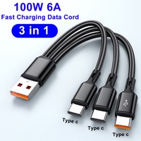 USB Type C Cable 6A 100W 3 in 1 Fast Charging Phone Charger Data Cord For Samsung S24 S23 Xiaomi Huawei USB C Quick Charge Cable