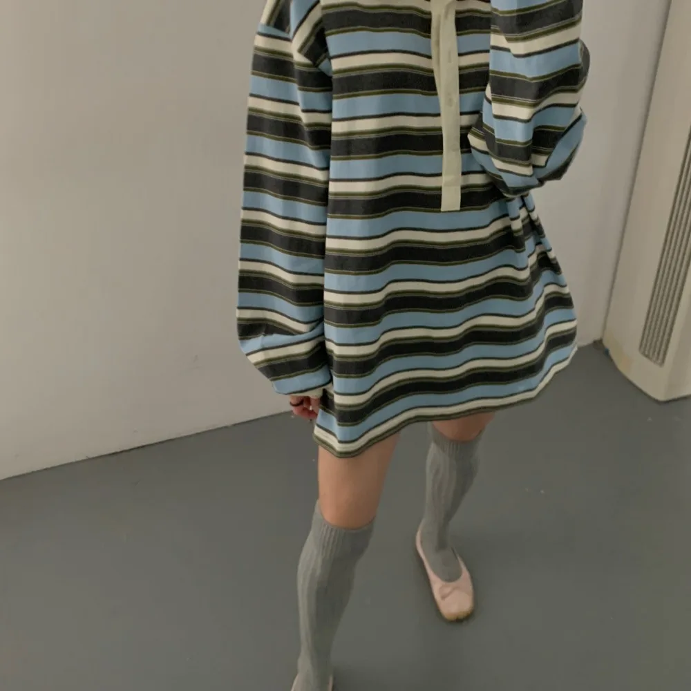 Chic Korean Striped Long Sleeve  Neck T-Shirt Women Loose Lazy Color Block Collar Mid-Length Top Casual Style Pure Cotton