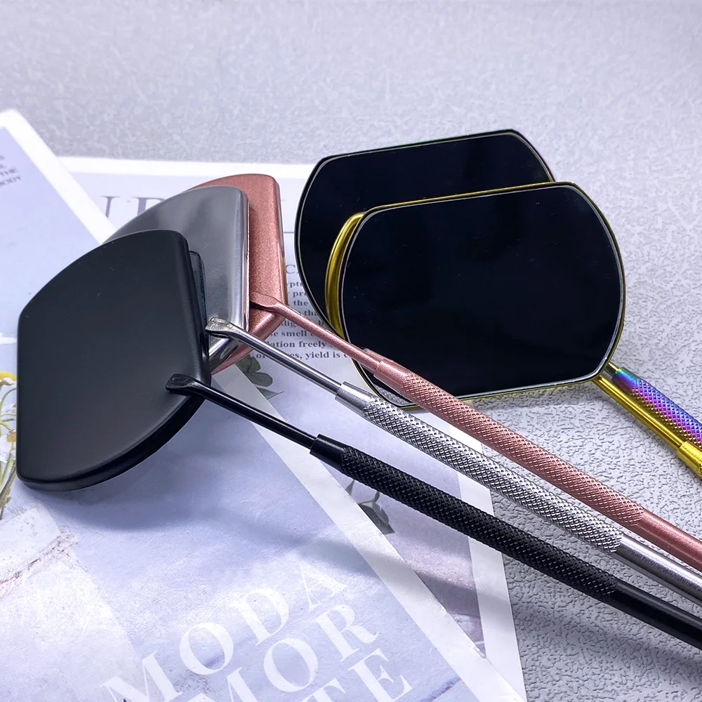 Espejo de pestañas de acero inoxidable, espejo de mango largo para comprobar extensiones de pestañas postizas, herramientas de maquillaje de injerto, 1 ud.