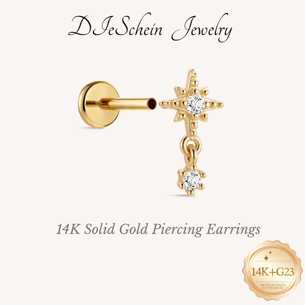 DIeSchein 14K Solid Gold Stud Earring Dangle North Star CZ Cartilage Stud Internal Thread Flat Back Nose Ear Piercing Stud