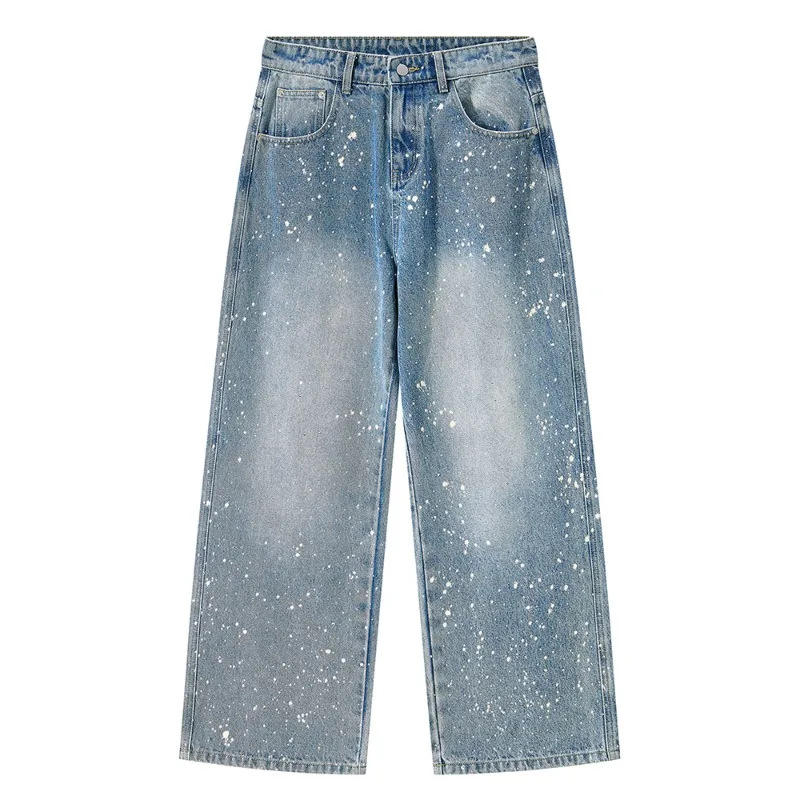 Men High Waist Snow Flake Sand Blast Washed Rhinestone Wide Leg Denim Pants Breathable All Season Hip Hop Jeans