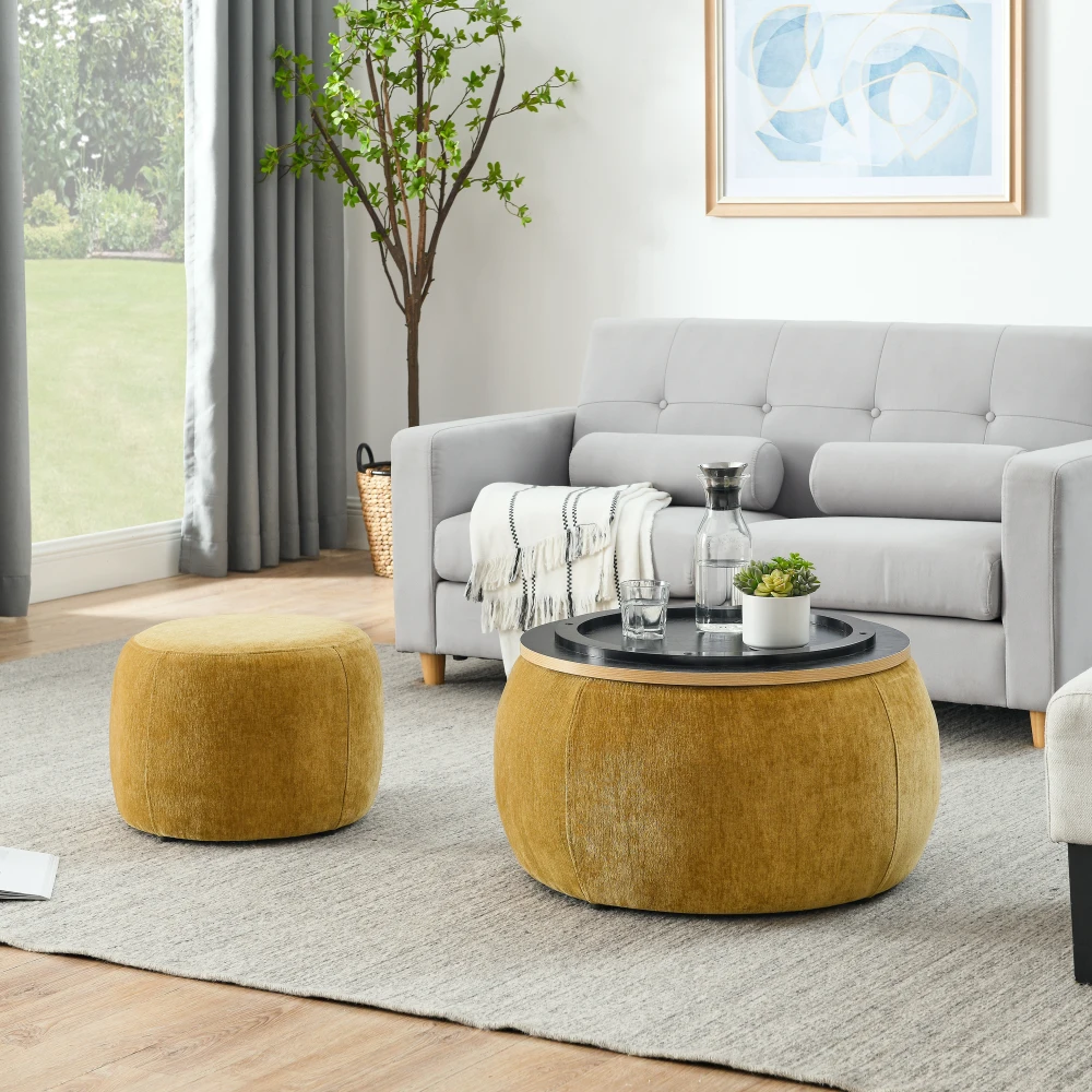 Round Storage Ottoman 2 in 1 Function Work As End Table and Ottoman with Small Seat Dark Yellow(25