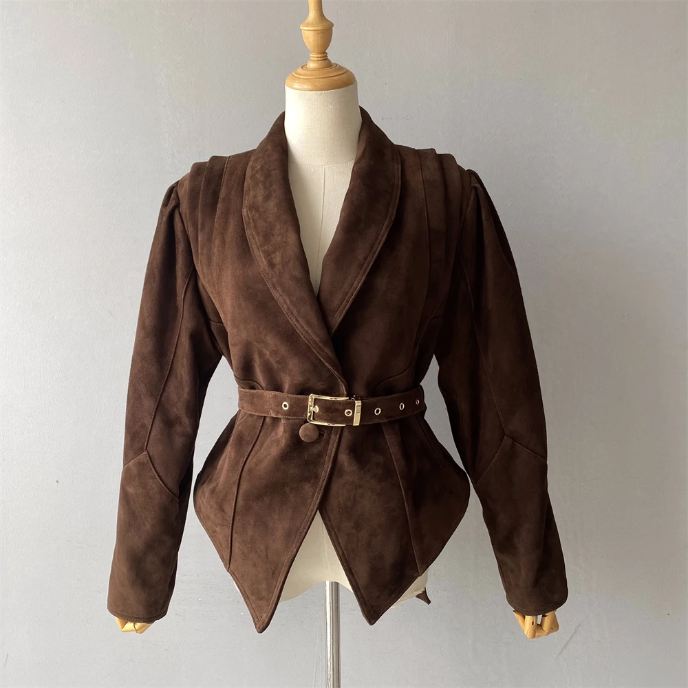 Jaxmonoy Chaqueta de piel de ante auténtica para mujer, abrigo de piel de oveja Natural a la moda con cinturón, abrigos informales de nuevo estilo para Otoño e Invierno 2025