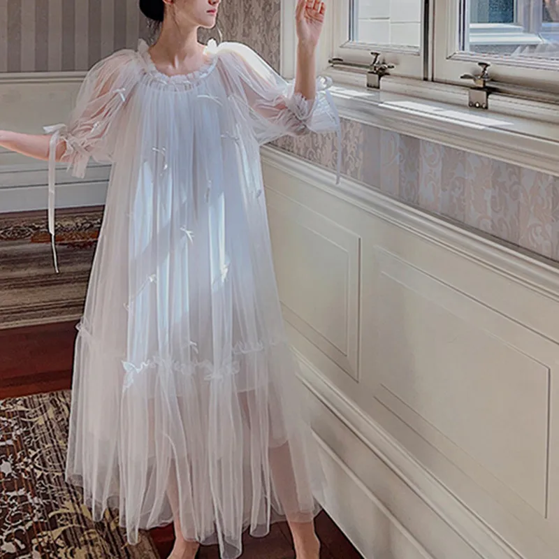 

French Style Loose Princess Gauze Morning Robe Bow Decoration Sweet Puff Sleeves Nightdress Long Ankle-Length Nightgown Nightie