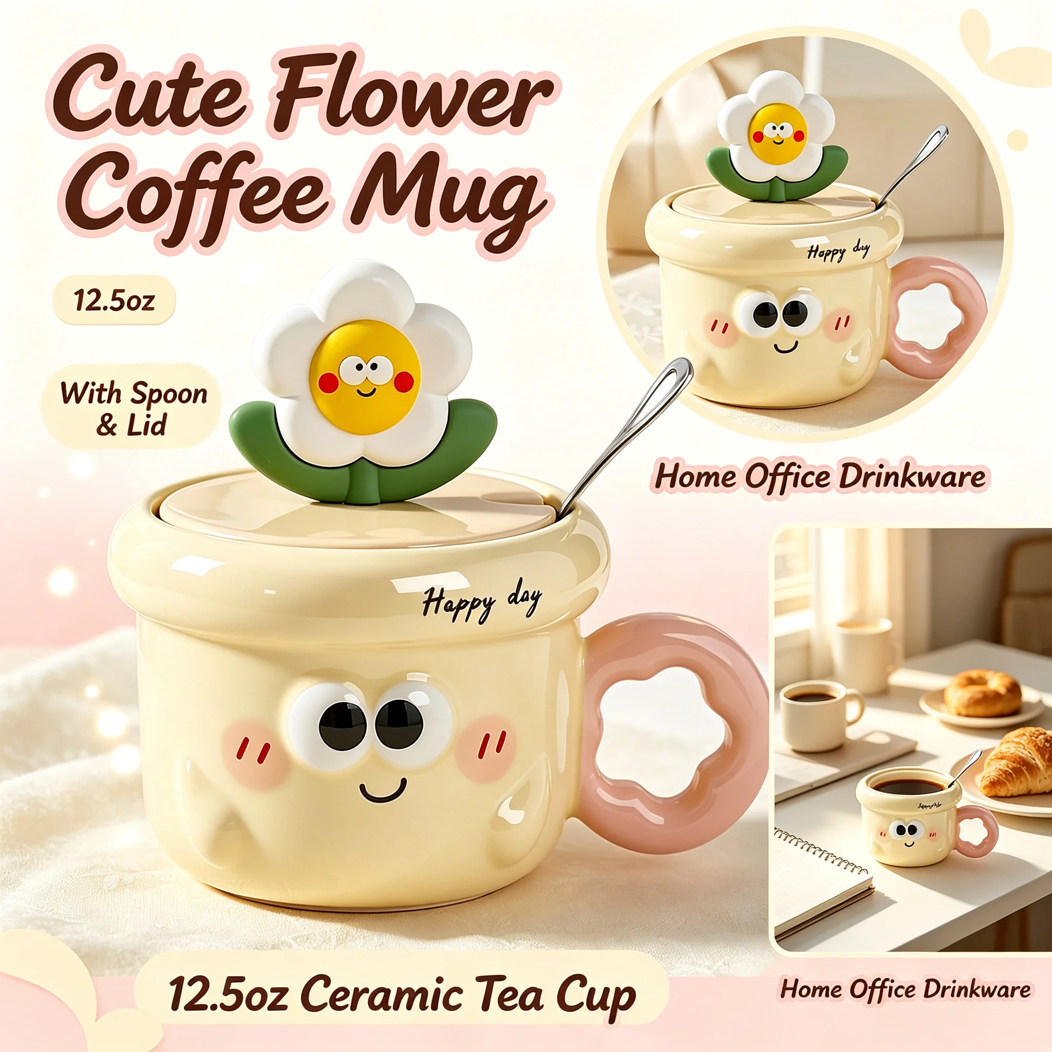 12.5oz Cute Flower Design Ceramic Coffee Mug With Spoon Creative Daily Drinking Tea Cup Home Office Drinkware