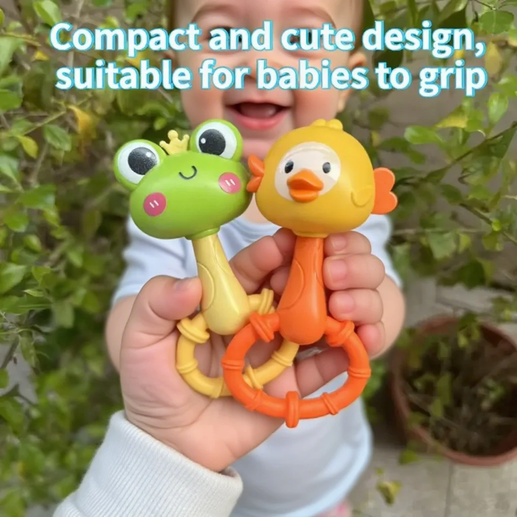 

Baby handheld cartoon sand hammer rattle toy, made of silicone, safe and helps promote hand-eye coordination!