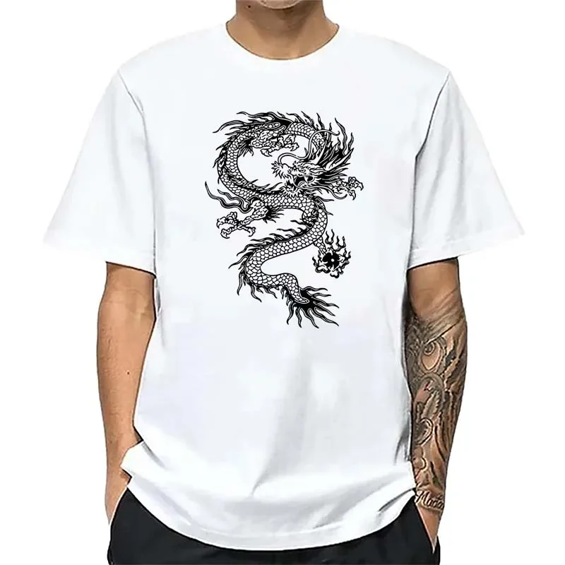 Chinese Style Dragon Print Men T-shirts Summer Fashion Breathable Loose Cotton Tops Casual Harajuku Short Sleeve T-shirts