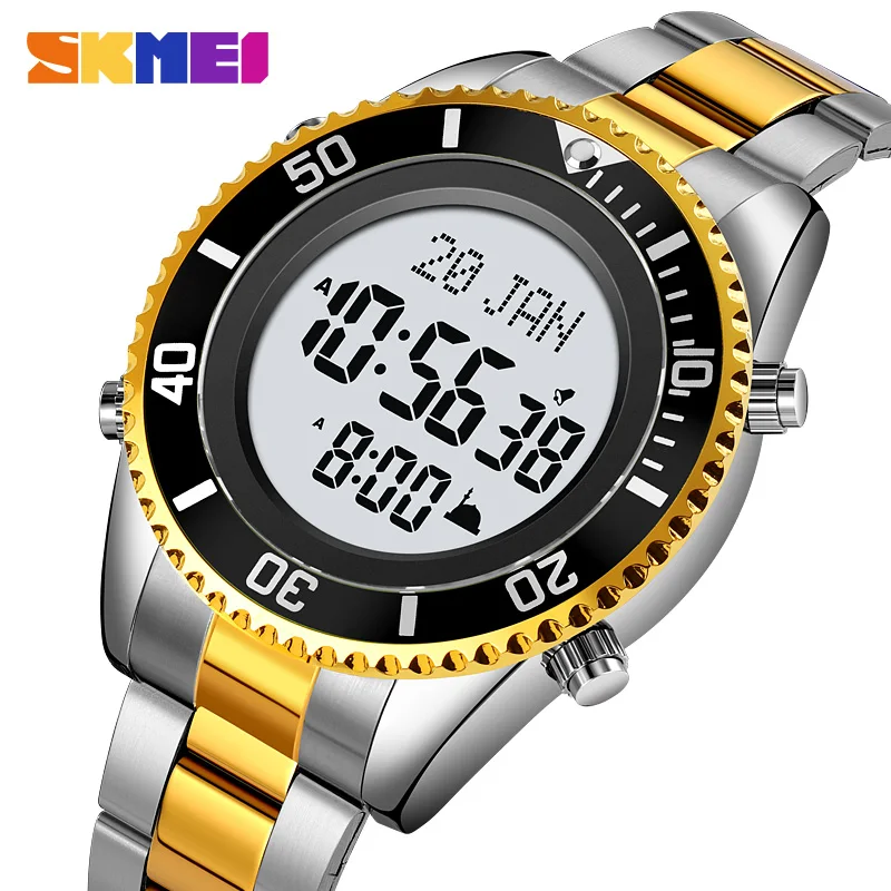 

SKMEI Men's Watch Fashion Digital Wristwatch with Qibla Name Display Pilgrimage Time Reminder Stainless Steel Original Clock