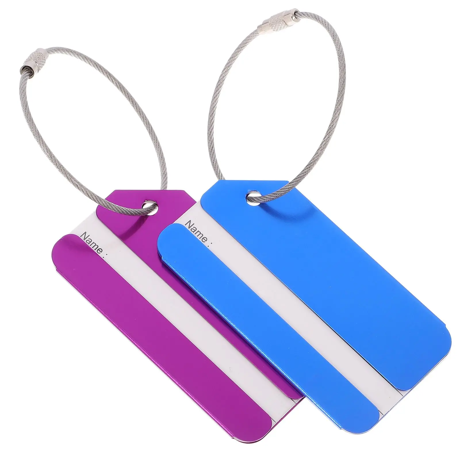 2Pcs Aluminum Alloy Luggage Tags 8x4cm Blue Purple Metal String Suitcase Identifiers Travel Accessories Durable Hard