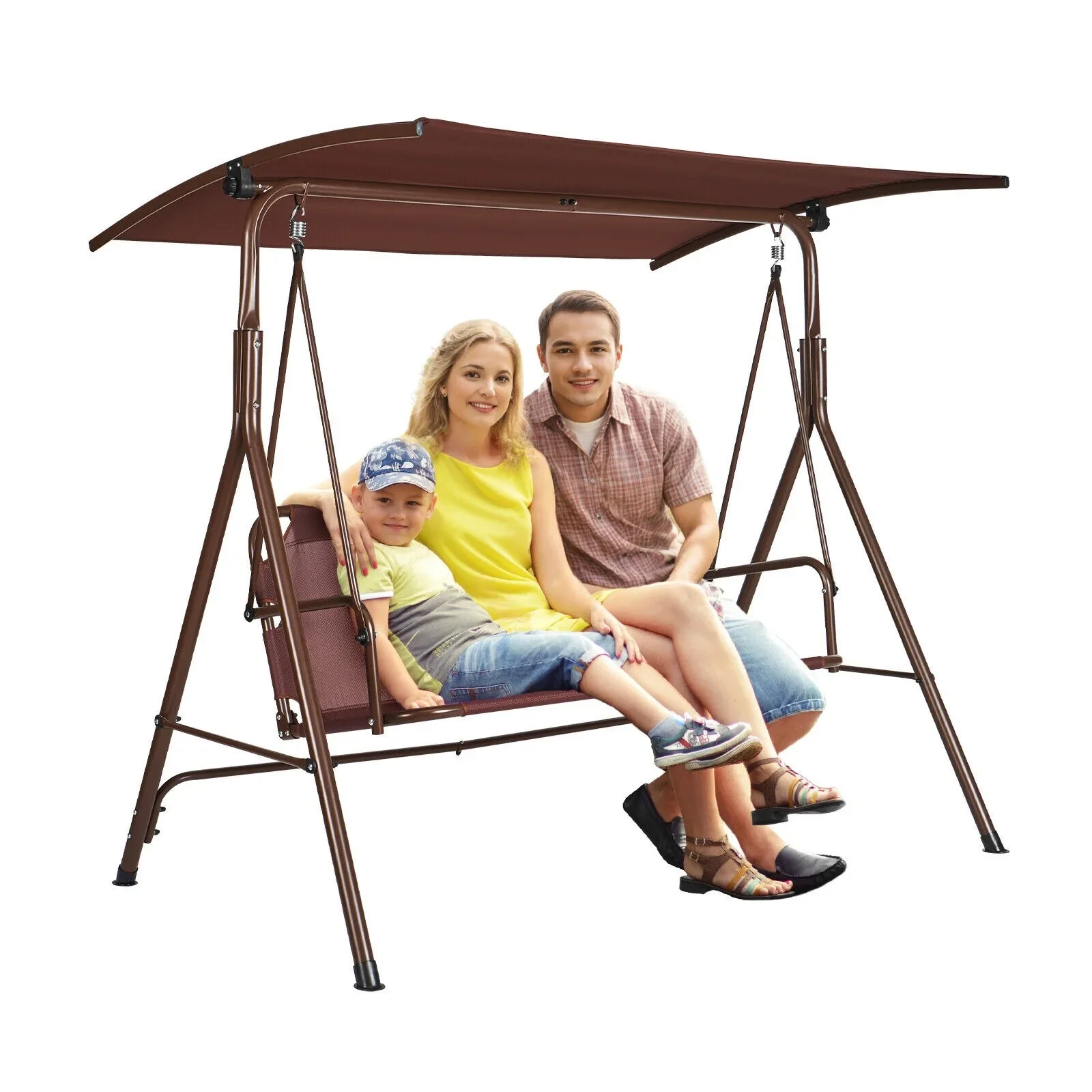 US 3-Person  Chair Patio Swing with Adjustable Canopy Brown