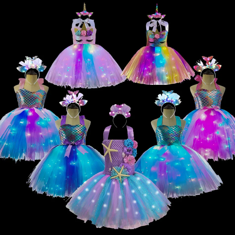 

Girls Pastel Dresses with LED Lights Kids Birthday Party Glowing Dress Children Mermaid Costumes Baby Girl Rainbow Unicorn Tutu