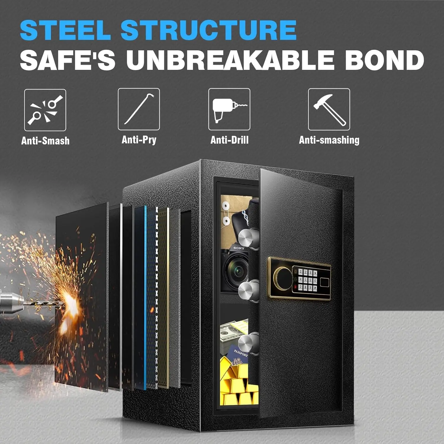 2.2 Cu Ft Fireproof Safe Box for Home - Steel Lock Box for Office & Home Security, Digital Electronic Keypad, Alarm System & Rem