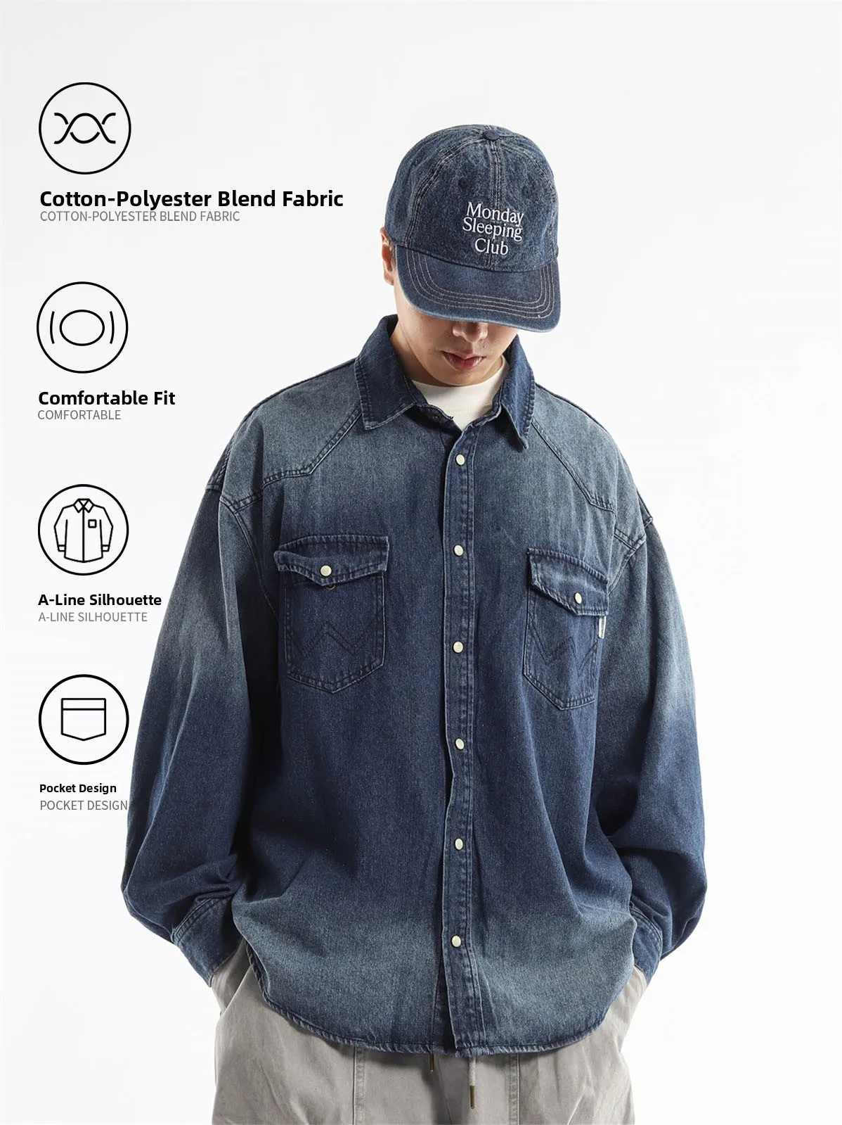 Washed Denim Long Sleeve Shirt Casual American Style Gradual Bleaching Loose Collar Couple Outerwear Workwear Cotton Polyester