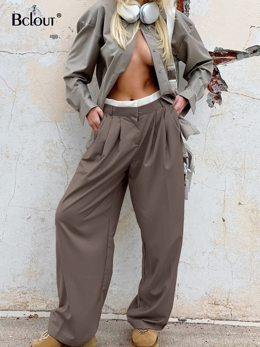 

Bclout Autumn Loose Patchwork Pants Woman 2023 Fashion Brown Pleated Wide Leg Pants High Street Oversized Long Trouser For Women
