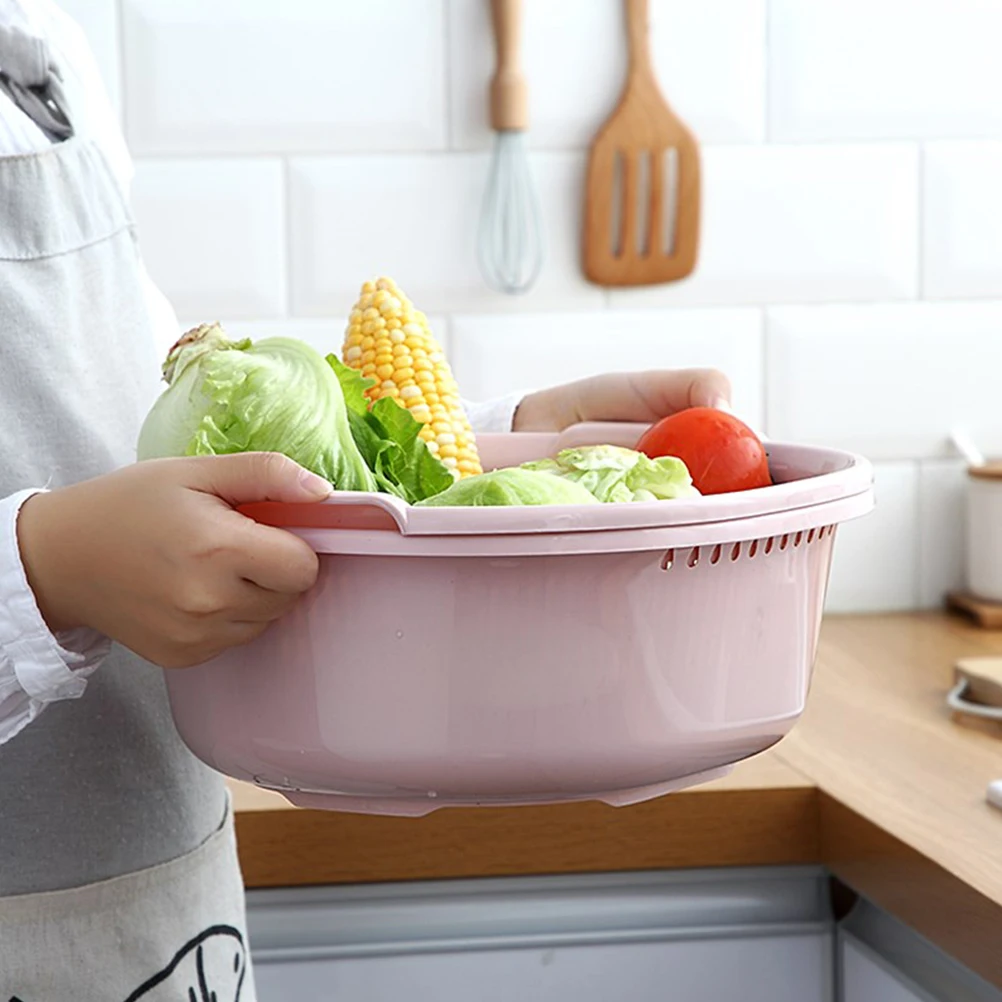 

2 in Strainer Washing Basket Fruit Drain Stackable Colanders Vegetable Double Layer Pink
