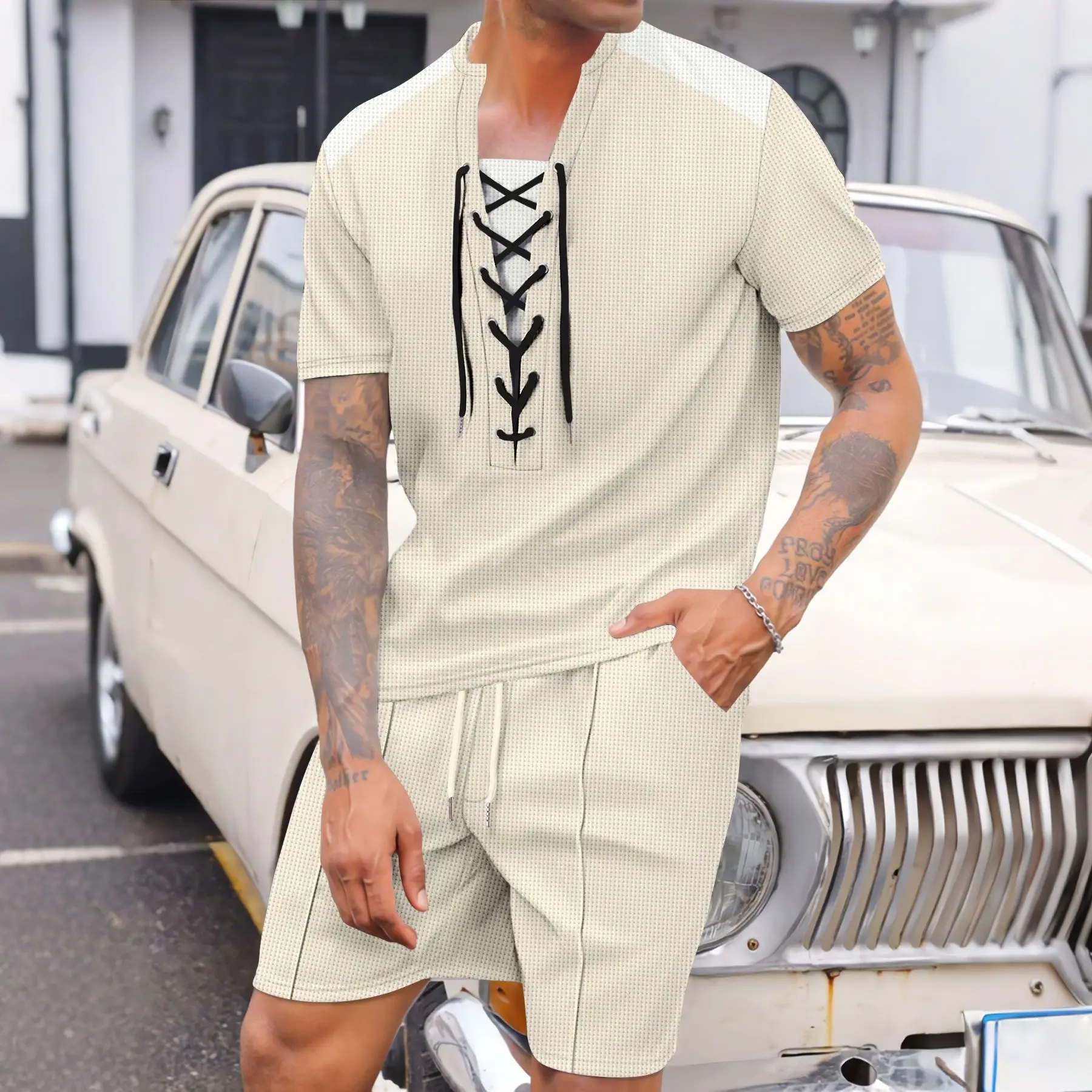 2025 new men's summer trend casual loose comfortable fashion wear rope round neck solid color short-sleeved shorts two-piece set