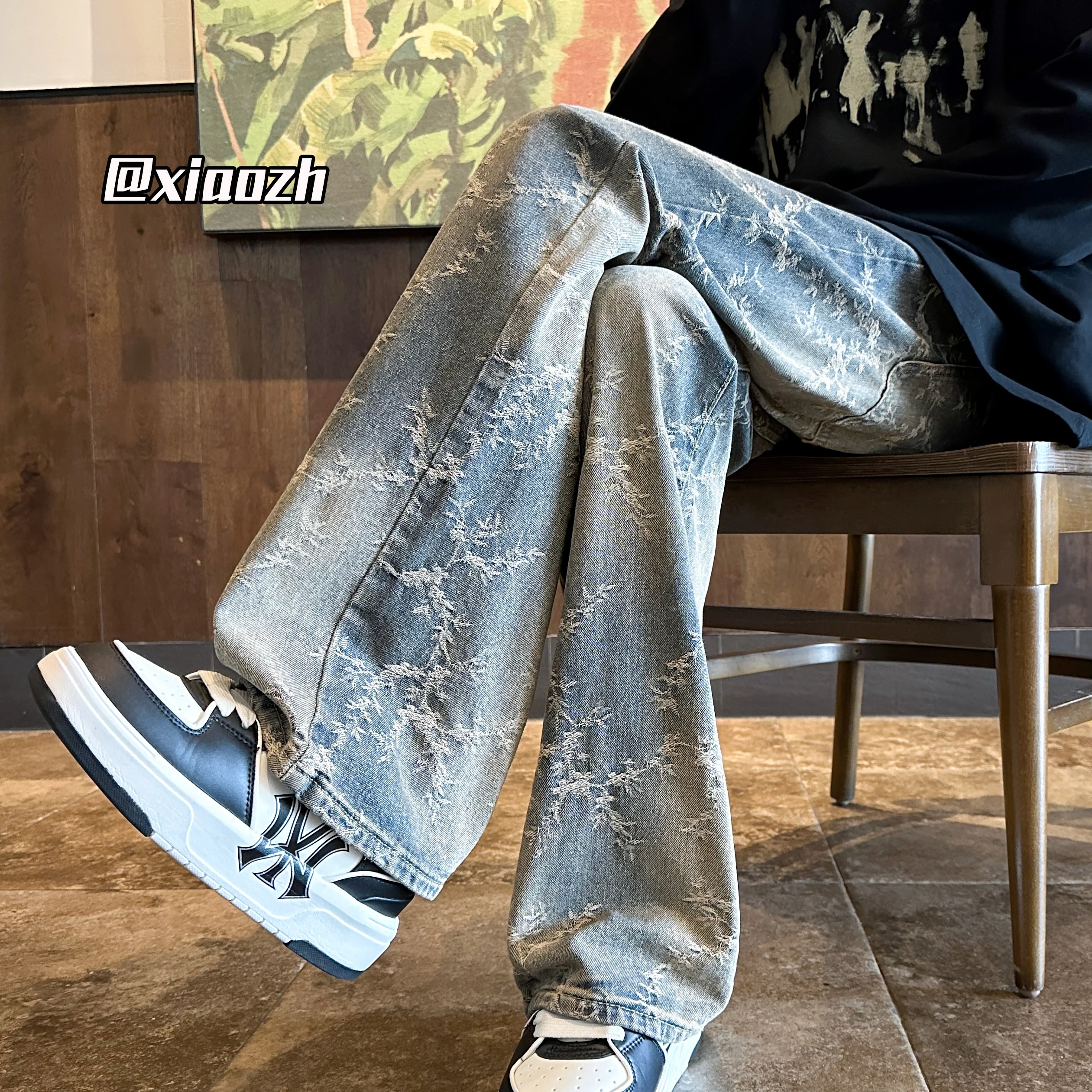 Jacquard Pattern Denim Pants Male Full Print Straight Tube Loose Jeans High Street For Men Wide Leg Casual Pants Yellow mud