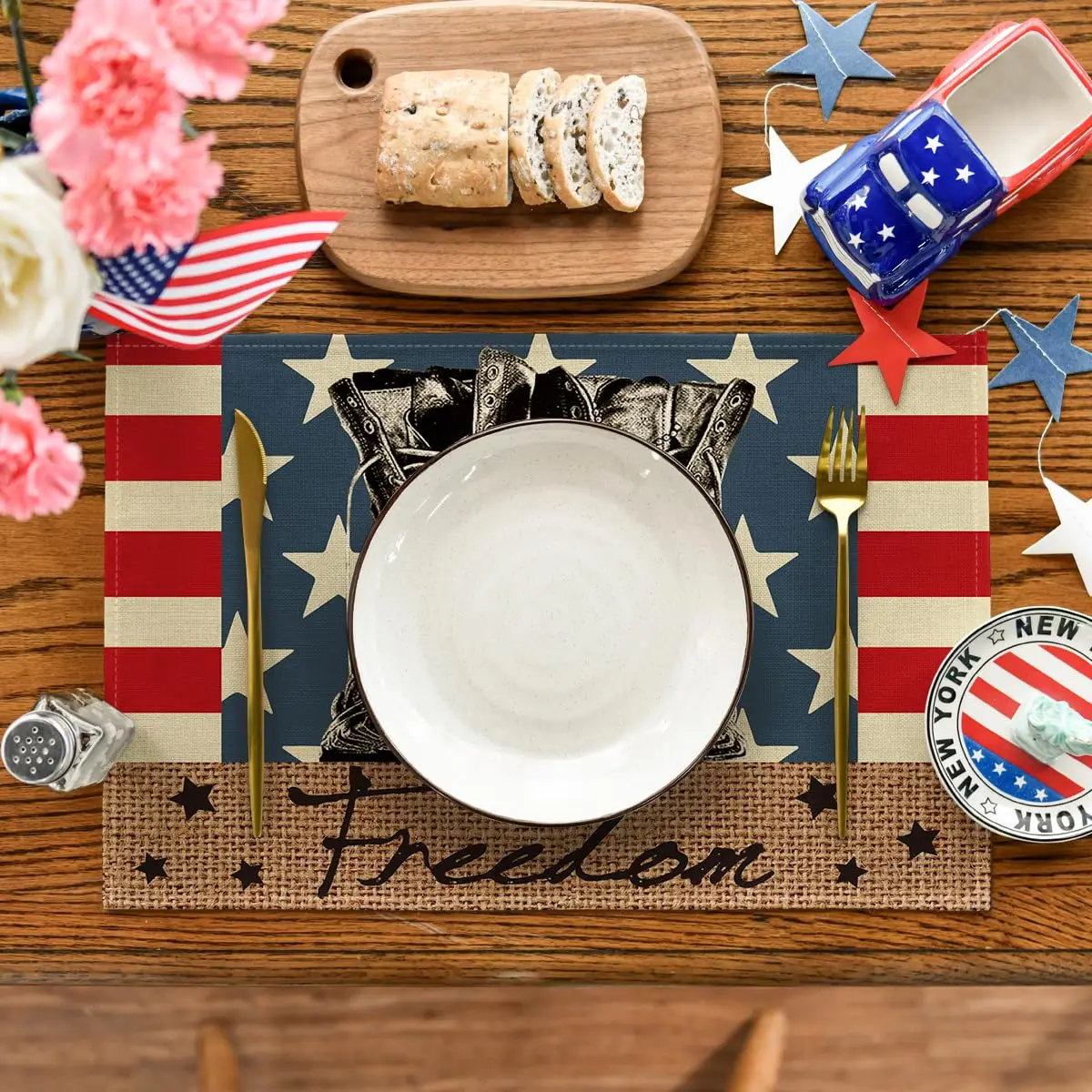 Placemats for dining table decoration, with stripes, stars, boots, peace, 4th of July, 12x18 inch, set of 4