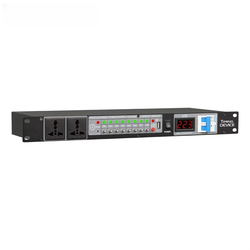 6000W Power Sequencer USB Interface 10-Channel Rack-Mounted Surge Protector AC 100-240V Backlit Display for KTV