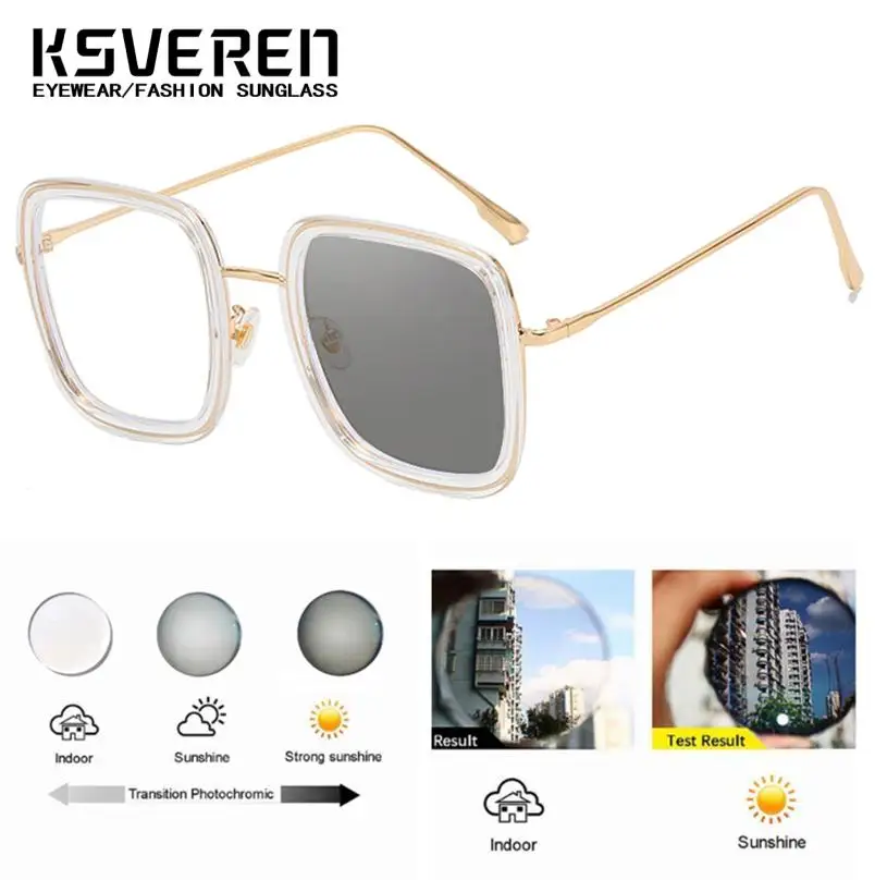 Women Square Large Frame Photochromic Myopia Glasses Finished Negative Diopter Glasses Fashion Color Changing Outdoor Sunglasses