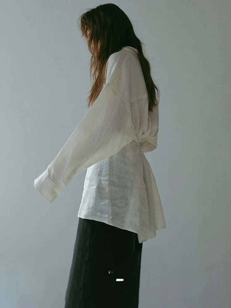 

Retro Linen irt Women's Loose Fit High Waist Midi Length White See tough Large irt French Sle Long Sve Button up