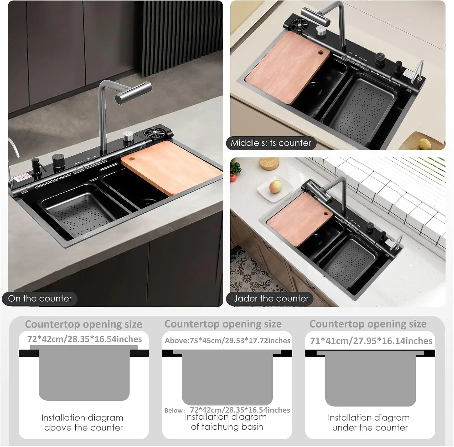 30in Black Drop In Kitchen Sink Multifunctional Digital Display Smart Drop In Kitchen Sink Honeycomb Nano Modern Kitchen Sinks w