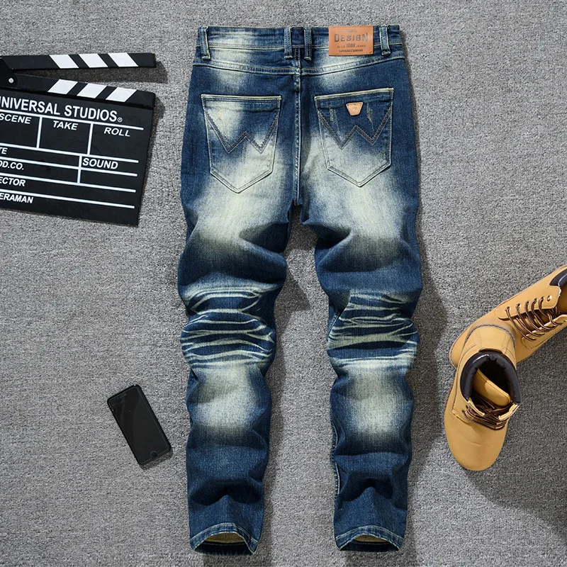남성용 한국 스타일 트렌디 스트릿 블루 데님 팬츠, 레트로 & 노스탤직, 헤비웨이트 슬림핏 스트레이트 레그 디스트레스드 진