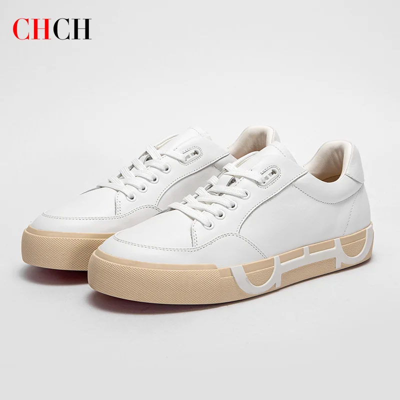 CHCH Women's Casual Shoes 2024 New Simple White Lace up Cow Leather Flat Shoes Comfortable Walking Shoes