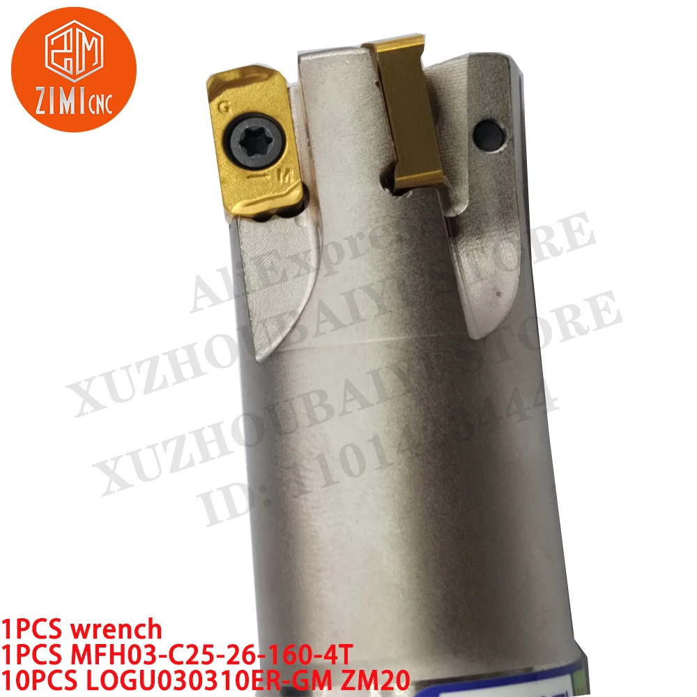 1 шт. MFH03-C25-26-160-4T Держатель фрезерного инструмента + 10 шт. LOGU030310ER-GM ZM20 Фрезерная вставка токарный станок по металлу Твердосплавные вставки режущий инструмент