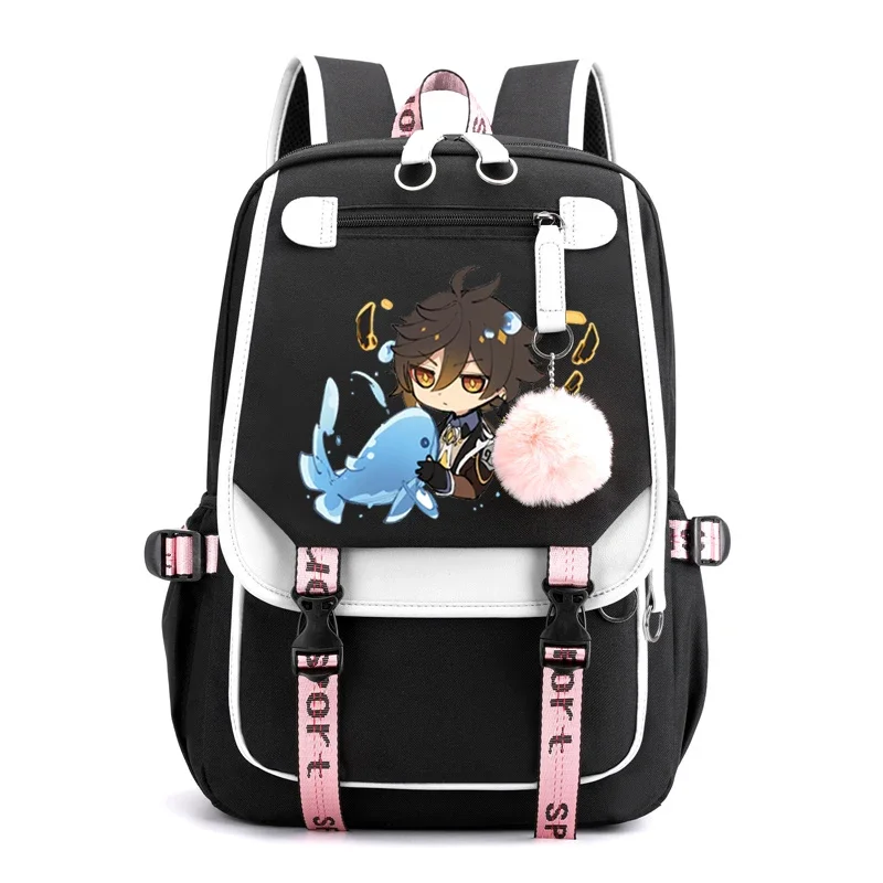 Genshin Impact śliczne Manga śmieszne torby szkolne kobiety dziewczęta Kawaii Anime plecak graficzny Usb Bookbag Sac A Dos