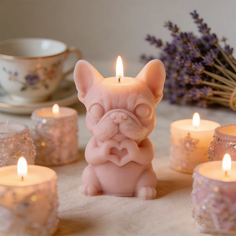 

3D French Bulldog Holding Heart Silicone Mold Pet Love Keepsake for DIY Scented Candle Resin Romantic Party Decor Handmade Gift