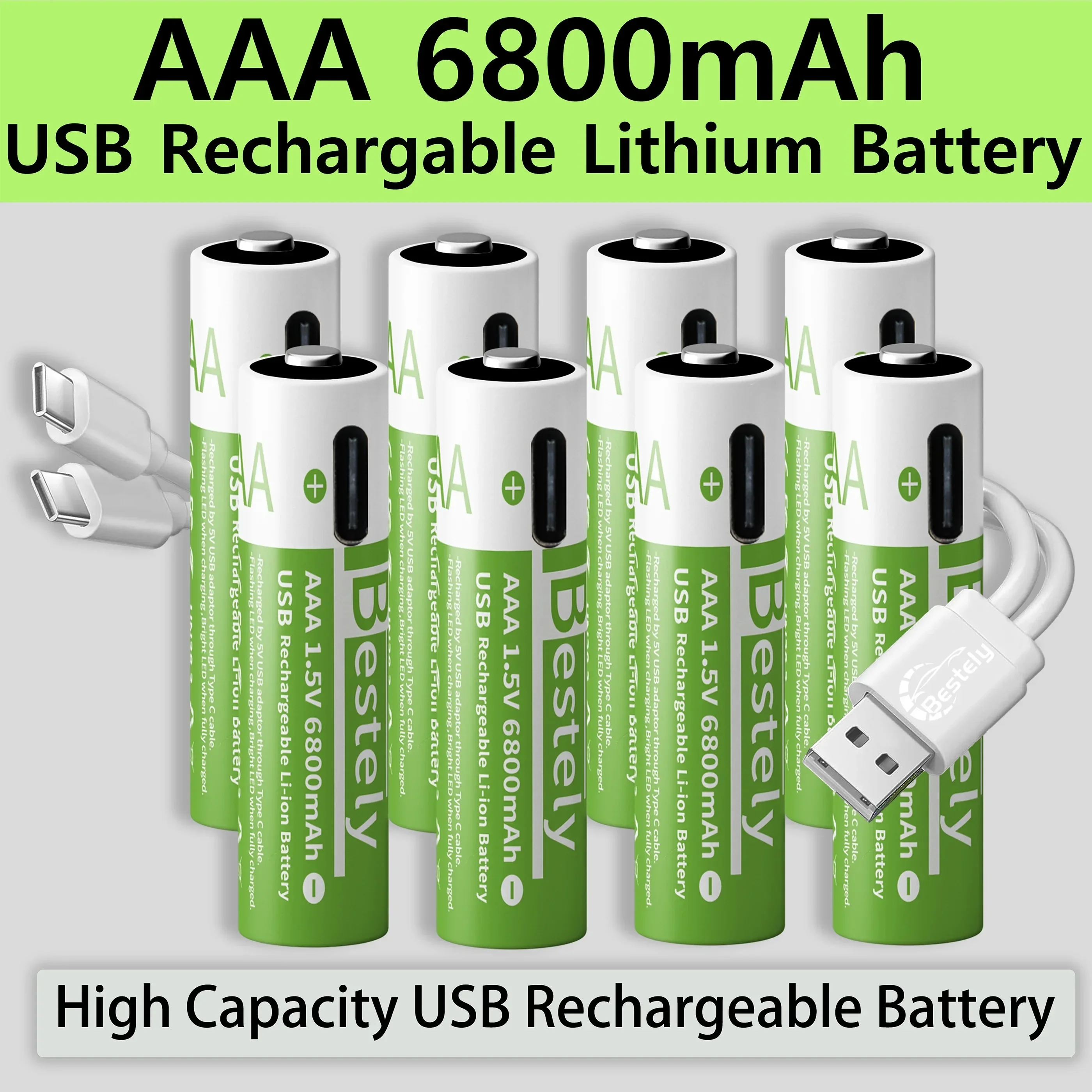 

New 1.5v AAA Rechargeable Lithium Batteries 6800mAh Capacity,Type-C USB AAA Li-ion Battery 2000 times cycle with cable for free